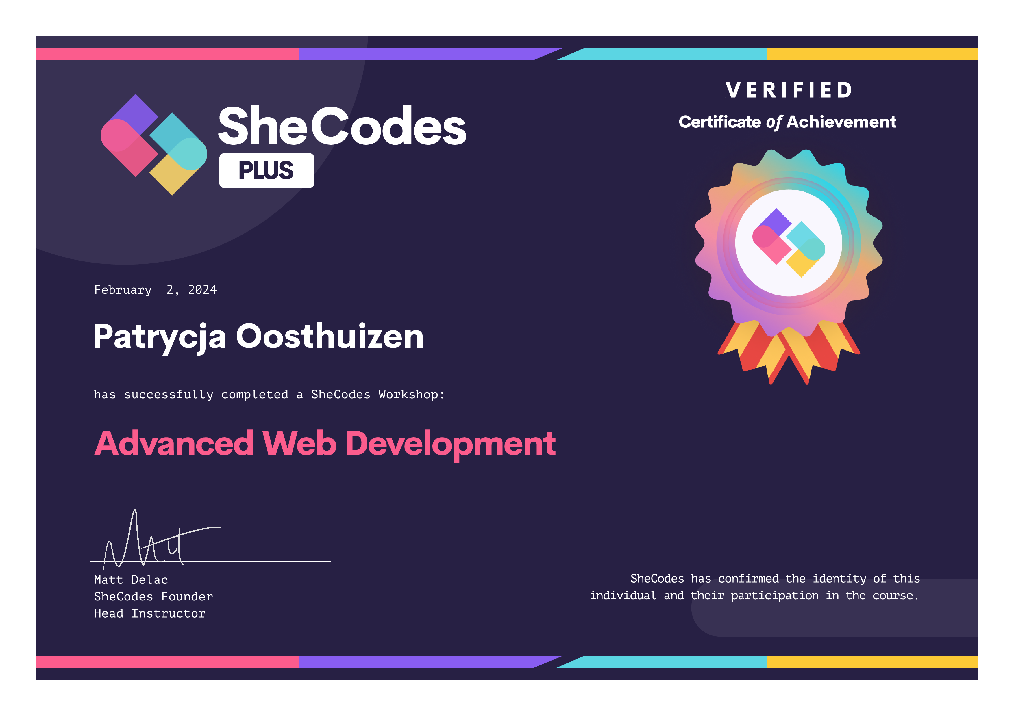 Patrycja's advance web development certificate Patrycja's certificate